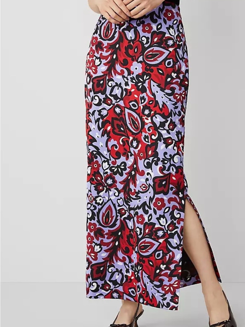 Ann Taylor Red and Lavender Floral Maxi Skirt with Side Slit